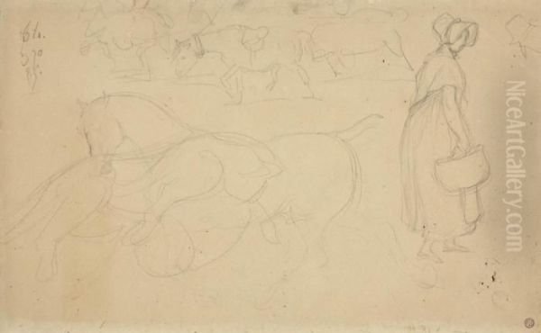 Studies Of Horses, With A Subsidiary Study Of A Woman With A Basket - view 1