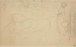 Studies Of Horses, With A Subsidiary Study Of A Woman With A Basket by Theodore Gericault