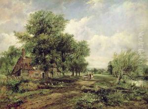 Wooded river landscape with a cottage and a horse drawn cart