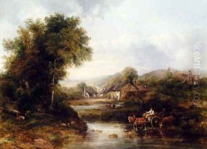 An Extensive River Landscape With A Drover In A Cart With His Cattle by Frederick Waters Watts