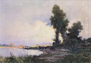 Campagna Piemontese Con Figure Ed Animali Al Pascolo by Cesare Gheduzzi