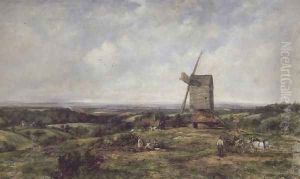 Landscape with figures by a windmill by Frederick Waters Watts