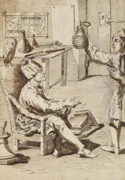 Portrait Of Baron Philipp Von 
Stosch In His Study With A Servant Holding A Flask Inscribed 'provincia
 Prussia' Traces Of Black Chalk, Pen And Brown Ink, Brown Wash 12 1/8 X
 8Â½ In - view 1