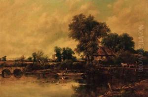 An extensive wooded river landscape with figures in a punt and a horse and cart on a bridge, a village beyond