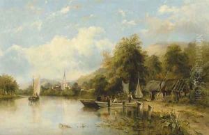 A wooded river landscape with a ferry in the foreground and a village beyond, traditionally identified as 'On the Stour'