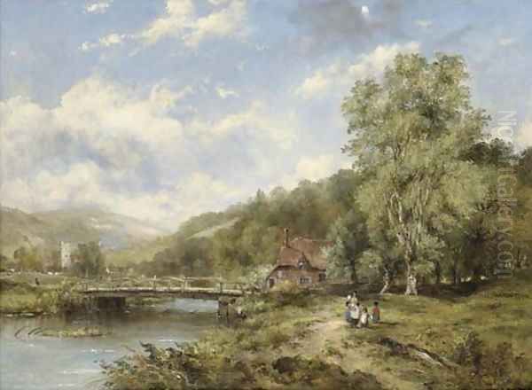 A Wooded River Landscape, With Figures On A Path By A Bridge, A Village Beyond - view 1