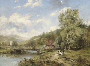 A Wooded River Landscape, With Figures On A Path By A Bridge, A Village Beyond