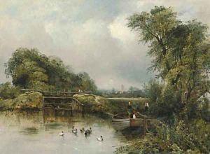 A wooded river landscape with a barge by a lock, a village beyond