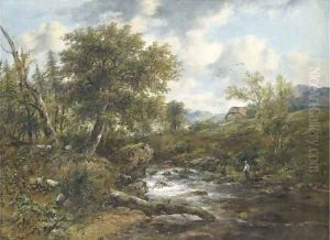 A wooded river landscape with fishermen and sheep on the banks, a cottage beyond