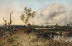 A drover with cattle watering in a extensive landscape by Frederick Waters Watts