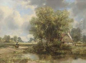 A Wooded Landscape With A Cottage By A Pond And A Figure And Sheep On A Path by Frederick Waters Watts