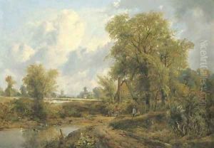 Wooded landscape with figures by a cottage and a church beyond