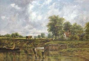 Wooded River Landscape, With A Cottage By A Lock, A Barge, And A Figure With Horses On The Towpath