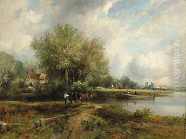 A wooded river landscape with a barge and cottages - view 1