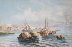 Fishermen In The Bay Of Naples With Vesuvius