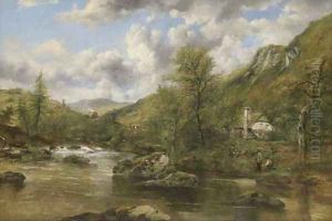 Anglers Beside A Cottage In A Wooded River Landcape