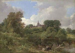 Figures resting by a bridge