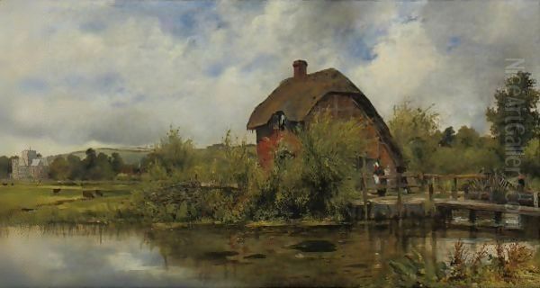 A figure by a mill cottage in a river landscape with a village in the distance, traditionally believed to be near Winchester, Hampshire - view 1