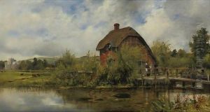 A figure by a mill cottage in a river landscape with a village in the distance, traditionally believed to be near Winchester, Hampshire