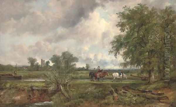 An extensive landscape with a barge on a canal and yoked horses on a towpath, a church and village beyond - view 1