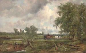 An extensive landscape with a barge on a canal and yoked horses on a towpath, a church and village beyond