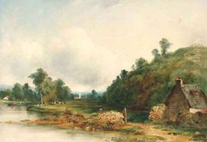 Figures by a river in a wooded landscape, a cottage in the foreground and a village beyond
