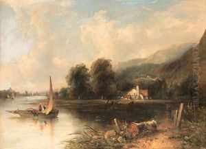 An extensive wooded River Landscape with fishermen in the foreground and cattle and a cottage beyond by Frederick Waters Watts