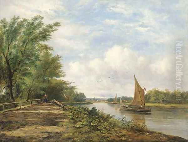 Barges on a river in a sunlit landscape - view 1