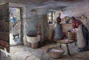 Interior Of Cottage With Cottagers At Work by Alfred Gilbert