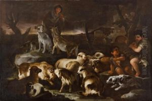 Un Pastore E Due Pastorelli Tra Armenti, In Un Paesaggio Agreste All""""alba by Luca Giordano