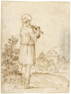 A Man Playing A Pipe In A Landscape by Giovanni Francesco Grimaldi
