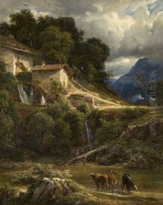 Trois Vaches Dans Un Paysage De Montagne by Andre Giroux