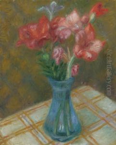 Gladiolas In Green Glass Vase by William Glackens