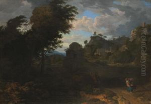 A Pastoral Landscape With Figures On A Path Before A Hill Town
