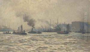 Tugs and other shipping on the Thames by William Lionel Wyllie