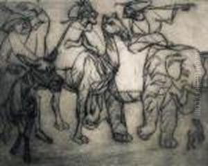 Three Journeymen On Donkey, Camel And Elephant by Enoch Henryk Enrico Glicenstein