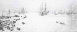 An ironclad under tow on the Thames with boats standing by