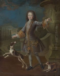 Portrait Of Louis Xv With Two Dogs by Pierre Gobert