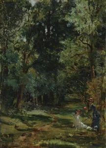 Impressionistic Wooded Landscape With Figures by Norbert Goeneutte