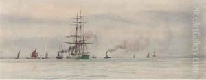 A three-master under tow in the Thames Estuary by William Lionel Wyllie