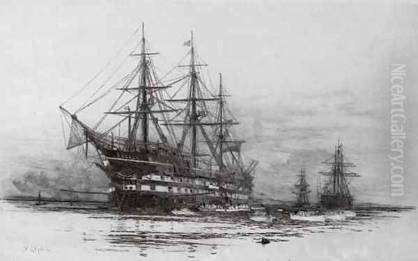 A warship, thought to be H.M.S. Victory, lying at anchor - view 1