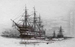 A warship, thought to be H.M.S. Victory, lying at anchor by William Lionel Wyllie