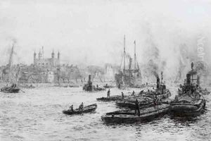 Barges and other shipping in the Pool of London before the Tower by William Lionel Wyllie