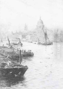 Barges on the Thames before St. Paul's Cathedral by William Lionel Wyllie