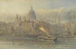 A Paddle Steamer And Barges On The Thames Before St. Paul's Cathedral