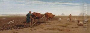 Farming On The Flood Plain Of The Nile, Pyramids Beyond by Frederick Goodall