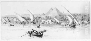 Feluccas on the Nile, the Pyramids beyond by William Lionel Wyllie