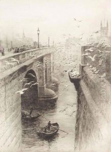 London Bridge and Southwark Cathedral by William Lionel Wyllie