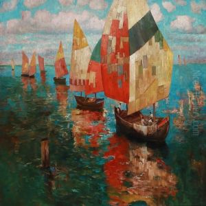Boats With Colourful Sails Off A Coast Boats With Colourful Sails Off A Coast