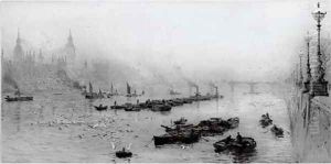 Longshoremen at work on the Thames before Westminster by William Lionel Wyllie